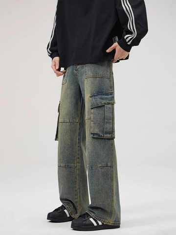 Vintage High Street Men's Cargo Jeans Multi-Pocket Distressed Straight Loose Cotton Denim Pants Casual Trousers