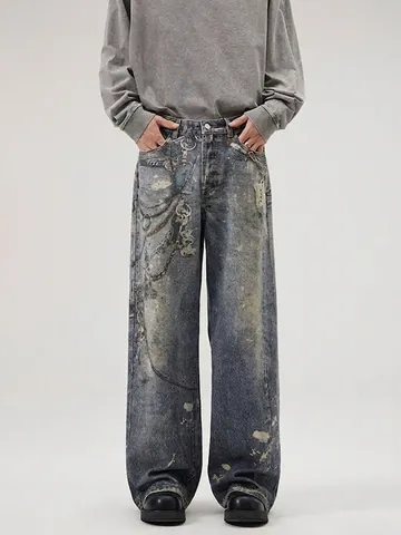 Herren Vintage Blau Gewaschen Denim Jeans Digital Kette Bedruckt Weites Bein Gerade Locker Streetwear Casual Hose