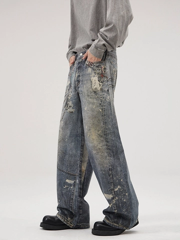 Herren Vintage Blau Gewaschen Denim Jeans Digital Kette Bedruckt Weites Bein Gerade Locker Streetwear Casual Hose