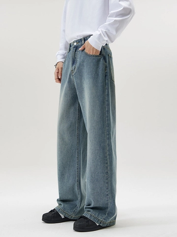 Vaqueros de Hombre Vintage Azul Claro Lavado de Pata Ancha Casual Sueltos Rectos de Denim Retro Streetwear Moda Pantalones Largos para Jóvenes