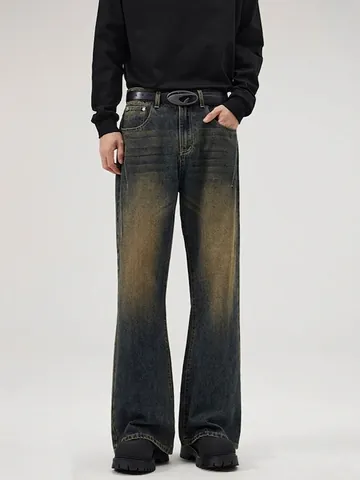 Herren Retro High Street Mud Wash Jeans Mit Weitem Bein Locker Gerade Bodenlang Vintage Rosterde Blau