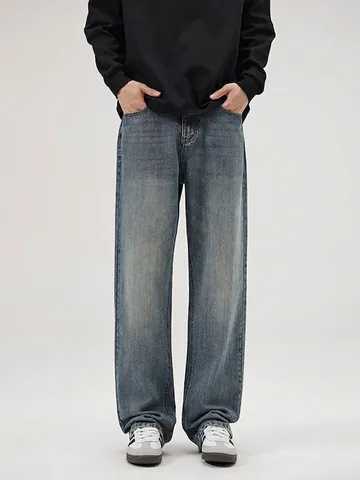 Jeans Homme Vintage Américain Délavé Jambe Large Droite Décontracté Denim Pantalon Bleu Rétro Mode Streetwear Coton Pantalons