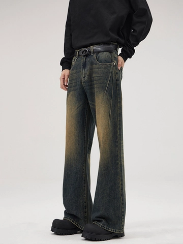 Herren Retro High Street Mud Wash Jeans Mit Weitem Bein Locker Gerade Bodenlang Vintage Rosterde Blau