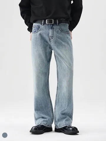 Vaqueros de Campana Micro para Hombre Vintage Lavado Azul Claro Streetwear Pantalones Denim Slim Rectos Desgastados para Diario