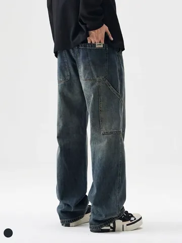 Men's Vintage Washed Cargo Jeans Japanese Streetwear Loose Straight Wide Leg Denim Pants With Drawstring Waist And Multi Pockets