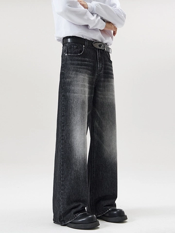 Jeans American High Street da Uomo Lavati Effetto Consunto Blu Ruggine Gamba Larga Relaxed Fit Pantaloni Denim