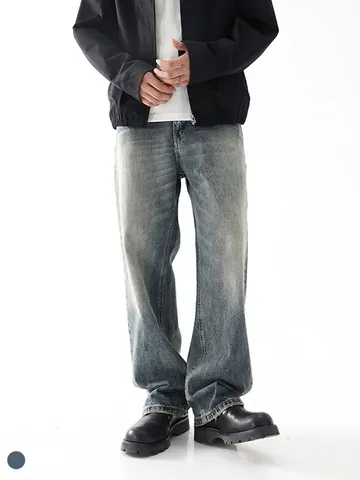 Vaqueros Lavados Retro para Hombre Holgados Rectos de Pierna Ancha Pantalones Denim Streetwear Envejecidos Azul Ceniza Moda