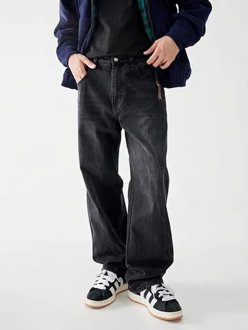 Vaqueros de Mezclilla Negros Lavados Vintage High Street para Hombre Patrón de Rayo Corte Holgado Pierna Recta Pantalones