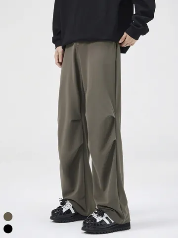 Herren Casual Plissierte Gerade Weite Hose Minimalistisch Nylon Elasthan Drapiert Einfarbig Mode Arbeitskleidung Unterteile
