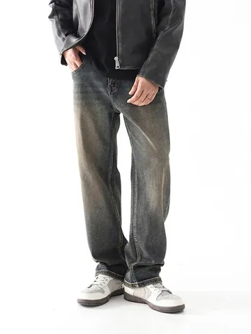 Herren Retro Washed Distressed Straight Leg Jeans Lockerer Schnitt Vintage High Street Denim Hose Klassische Lange Hose