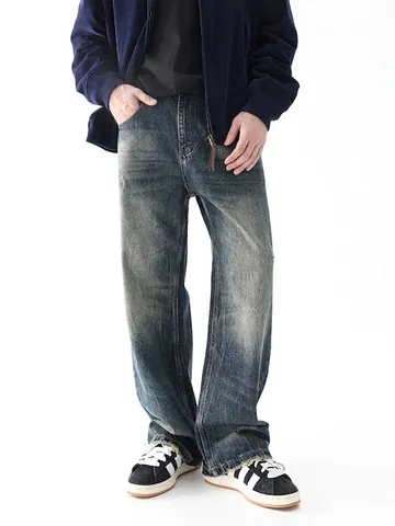 Vaqueros de Mezclilla Azul Lavado Vintage para Hombre Streetwear Americano Desgastado Corte Holgado Pierna Ancha Pantalones Casuales