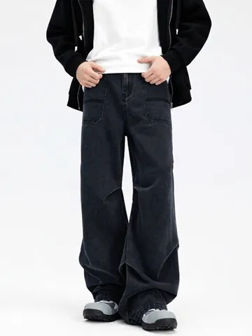 American Streetwear Men's Loose Baggy Jeans Patchwork Retro Washed Straight Leg Denim Pants Hip Hop Wide Leg Trousers