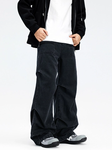 American Streetwear Men's Loose Baggy Jeans Patchwork Retro Washed Straight Leg Denim Pants Hip Hop Wide Leg Trousers