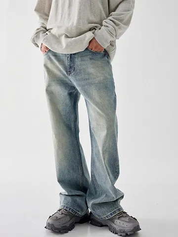 Vaqueros Micro Acampanados Vintage para Hombre Estilo High Street Americano Pantalones de Mezcla Holgados Azul Claro
