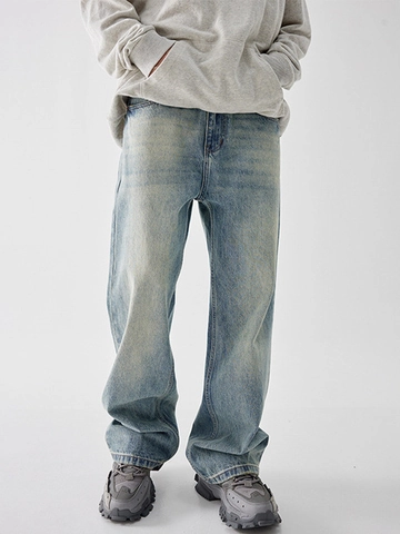 Vaqueros Micro Acampanados Vintage para Hombre Estilo High Street Americano Pantalones de Mezcla Holgados Azul Claro