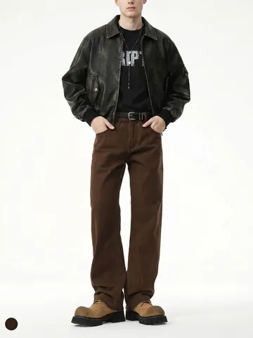 Jean Droit Vintage Marron Café pour Homme 100% Coton High Street Cleanfit Lavé Usé Moustaches Pantalon en Denim