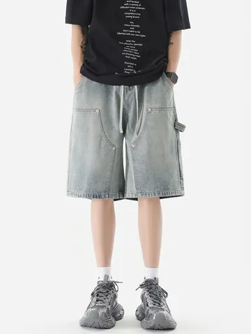 Ανδρικά Vintage Denim Cargo Shorts Ίσια Γραμμή Ελαστική Μέση με Κορδόνι Πολλαπλές Τσέπες Streetwear Σορτς