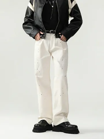 Men's Off White Splash Ink Distressed Straight Leg Jeans 100% Cotton Minimalist Streetwear Casual Denim Long Pants