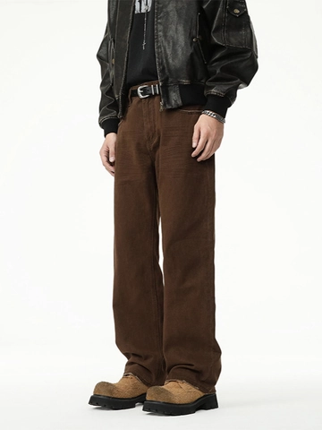 Jean Droit Vintage Marron Café pour Homme 100% Coton High Street Cleanfit Lavé Usé Moustaches Pantalon en Denim