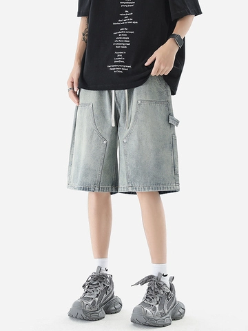 Ανδρικά Vintage Denim Cargo Shorts Ίσια Γραμμή Ελαστική Μέση με Κορδόνι Πολλαπλές Τσέπες Streetwear Σορτς