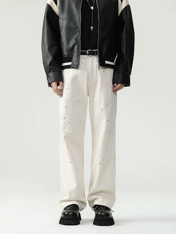 Men's Off White Splash Ink Distressed Straight Leg Jeans 100% Cotton Minimalist Streetwear Casual Denim Long Pants