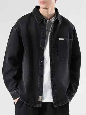 Herren Retro Gewaschene Schwarze Denim Jacke Oversize High Street Baumwollmischung Hemdjacke Mit Tasche Langarm Casual Outdoor