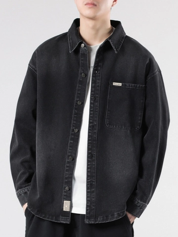 Herren Retro Gewaschene Schwarze Denim Jacke Oversize High Street Baumwollmischung Hemdjacke Mit Tasche Langarm Casual Outdoor