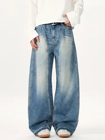American High Street Retro Gewaschen Patchwork Weites Bein Jeans Herren Locker Gerade Distressed Denim Hose Blau Streetwear