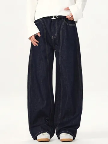 Herren Retro Indigo Denim Jeans Im Weiten Bein Mit Kontrastnähten Lockerer Gerader Schnitt Workwear Streetwear Baggy Hose