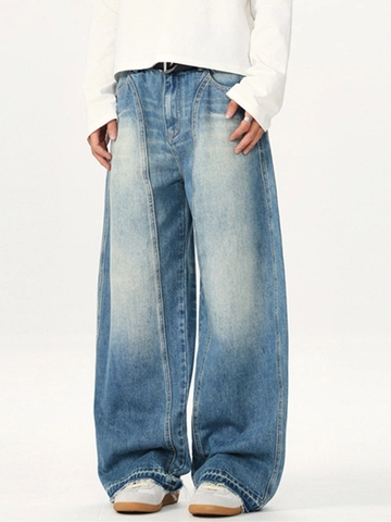 American High Street Retro Gewaschen Patchwork Weites Bein Jeans Herren Locker Gerade Distressed Denim Hose Blau Streetwear
