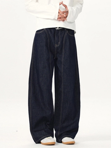 Herren Retro Indigo Denim Jeans Im Weiten Bein Mit Kontrastnähten Lockerer Gerader Schnitt Workwear Streetwear Baggy Hose