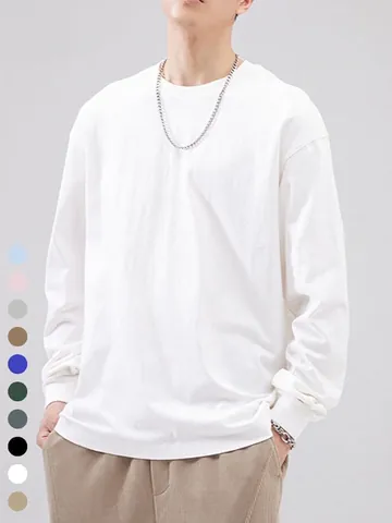 Maglietta da Uomo a Maniche Lunghe in Cotone Pesante Casual Vestibilità Comoda Girocollo Tinta Unita Pullover Top Basic Streetwear Moda