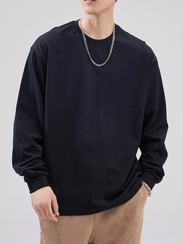 Maglietta da Uomo a Maniche Lunghe in Cotone Pesante Casual Vestibilità Comoda Girocollo Tinta Unita Pullover Top Basic Streetwear Moda
