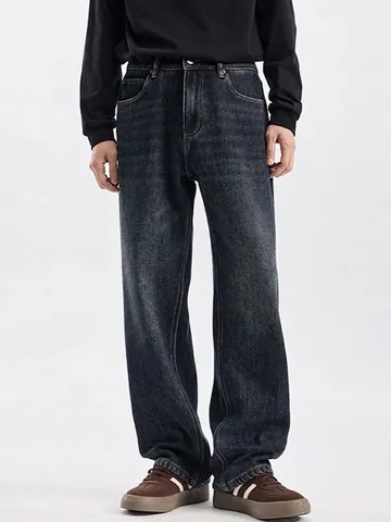 Men's American Retro Dark Blue Jeans Loose Wide Leg Straight Denim Trousers Fleece Lined Winter Casual Pants