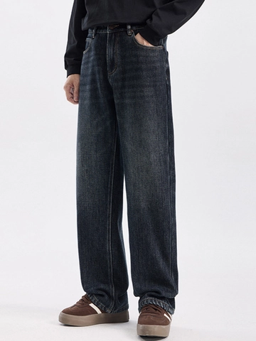 Men's American Retro Dark Blue Jeans Loose Wide Leg Straight Denim Trousers Fleece Lined Winter Casual Pants