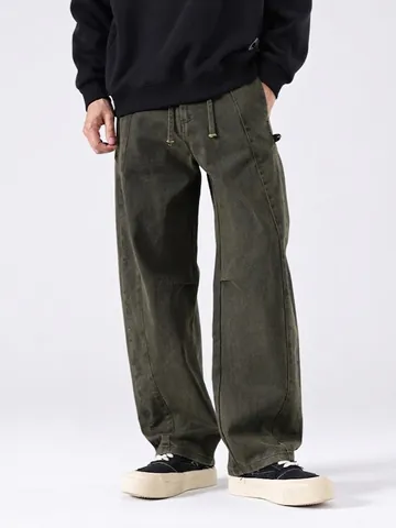 Men's Retro Heavyweight Cotton Cargo Pants Loose Wide Leg Straight Drawstring Casual Outdoor Work Trousers