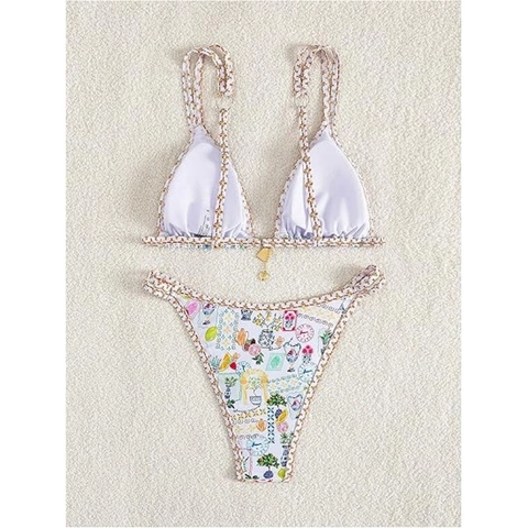 Mediterraner Stil Floral Print Bikini Top Und Bottom Damen Sexy High Cut Badeanzug Mit Metallanhänger Sommer Strandmode