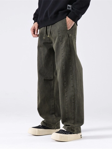 Men's Retro Heavyweight Cotton Cargo Pants Loose Wide Leg Straight Drawstring Casual Outdoor Work Trousers