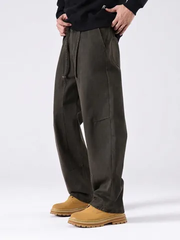 Pantaloni Casual Uomo in Cotone Pesante a Gamba Dritta Vintage Stile Giapponese Gamba Larga Coulisse Pantaloni Workwear
