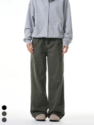 Men's American Retro Cargo Pants Multi-Pocket Loose Wide Leg Washed Cotton Casual Trousers Streetwear Cleanfit Solid Color Pants