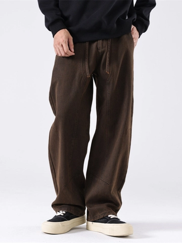 Pantaloni Casual Uomo in Cotone Pesante a Gamba Dritta Vintage Stile Giapponese Gamba Larga Coulisse Pantaloni Workwear