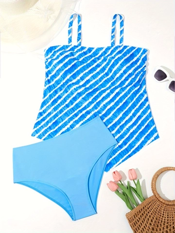 Set Tankini Taglie Forti Donna a Righe Blu e Bianche Spalline Sottili Modesto Controllo Pancia Costume da Bagno Due Pezzi