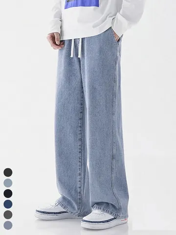 Heren Wijde Pijp Denim Jeans Losse Rechte Broek Met Trekkoord Taille Gewassen Streetwear Baggy Katoenen Denim Broek