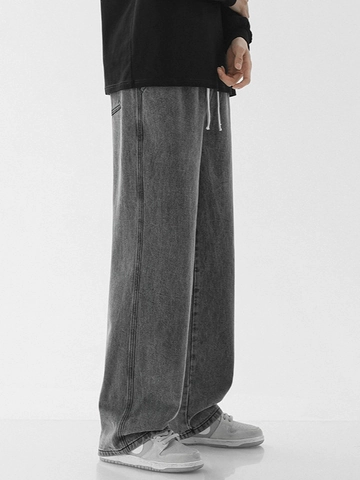 Heren Wijde Pijp Denim Jeans Losse Rechte Broek Met Trekkoord Taille Gewassen Streetwear Baggy Katoenen Denim Broek