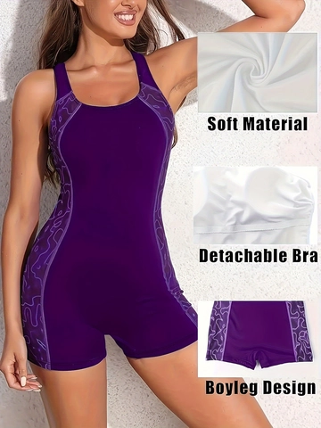 Costume Intero Taglie Forti Donna Sportivo a Pantaloncino Racerback Stampa Costume da Bagno Con Imbottiture Rimovibili