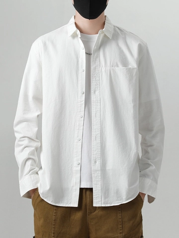 Camisa Casual de Manga Larga para Hombre 100% Algodón Color Sólido Cuello de Solapa con Botones y Bolsillo en el Pecho