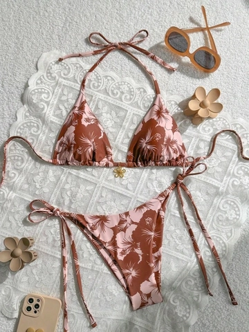 Women Tropical Hibiscus Floral Print Bikini Top And Bottom Halter Neck Side Tie Swimsuit Metallic Flower Decor Beachwear
