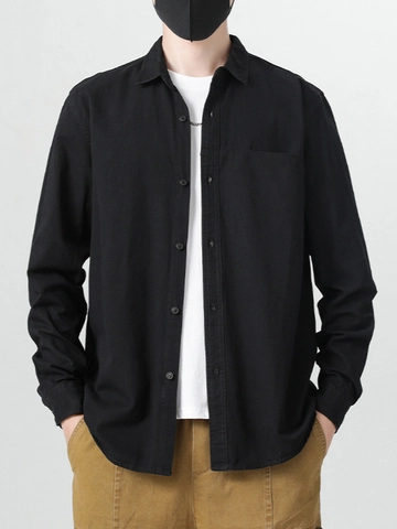 Camisa Casual de Manga Larga para Hombre 100% Algodón Color Sólido Cuello de Solapa con Botones y Bolsillo en el Pecho