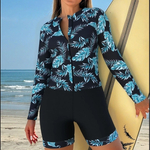 Dames Lange Mouw Split Badpak Rits Voorzijde Tropische Bladprint Rash Guard Top En Broek Surfpak Hoge Taille Shorts