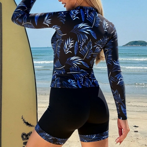 Γυναικείο Σετ Rash Guard Δύο Τεμαχίων Μακρυμάνικο Μαγιό με Φερμουάρ Μπροστά Τυπωμένο με Τροπικά Φύλλα Φοίνικα Στολή Σέρφινγκ Με Σορτς